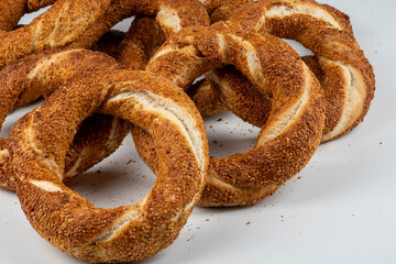 Turkish Bagel Simit with sesame, traditional pastry of Turkey.Traditional street food for Turkey , Turkish names ' simit or gevrek'.