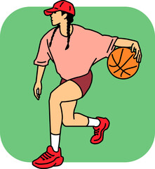 Basketball player playing with ball. Healthy funny sport activity. Trendy jumping fitness exercises for young people. Fashion sportswear. Hand drawn vector illustration. Cartoon line character drawing