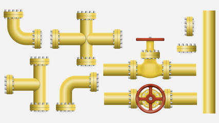 Set of yellow elements of the pipeline. Gas and oil industry. Vector illustration.