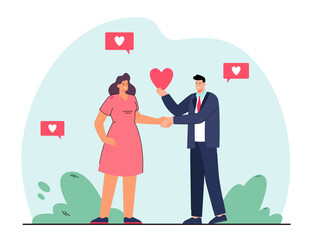 Man giving heart to woman and shaking hand Man showing sympathy for woman flat vector illustration. Love, relationship concept for banner, website design or landing web page