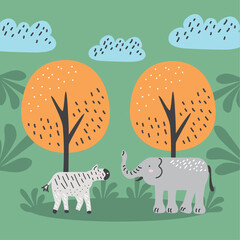 Fototapeta premium elephant and zebra doodle