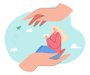 People sitting on huge hands and drinking tea. Girl surrounded by love and care flat vector illustration. Friendship, safety, harmony concept for banner, website design or landing web page