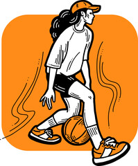 Basketball player playing with ball. Healthy funny sport activity. Trendy jumping fitness exercises for young people. Fashion sportswear. Hand drawn vector illustration. Cartoon line character drawing