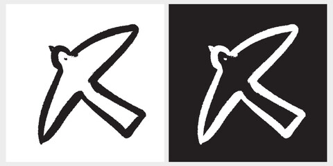 Cute Simple Hand Drawn Flying Bird Vector Illustration. Black Swallow Bird made of Brush Line on a White Background. White Seagull on a Night Sky. Cool Abstract Birds Print ideal for Wall Art, Card.