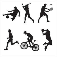 Black and white silhouette happy people running. Dynamical concept design cover flyer poster leaflet banner label sport fitness club. Sportwear clothes. Vector simple illustration young athlete. Ball 