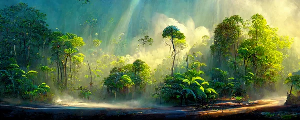 Crédence de cuisine en verre imprimé Forêt des fées A beautiful fairytale enchanted rainforest with sunbeams. Digital Painting Background, Illustration