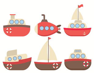 Set of ships, the steamers, the submarine. illustration for children