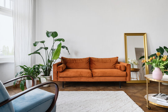 Potted houseplants close to orange couch in retro living room