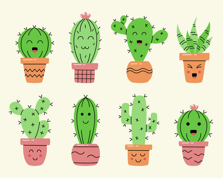 Collection of cute cartoon cactus and succulent. Hand drawn cacti with smile faces. Vector illustration.