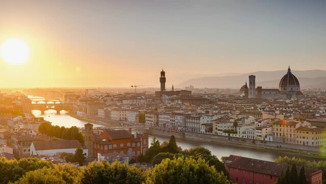 Panoramic Sunset Time Lapse of Florence with Arno River and Cathedral, Tuscany, Italy