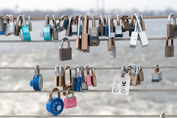 Love Padlocks At The Viewing Pier Overlooking The Fox River At De Pere, Wisconsin.