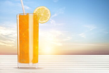 Tasty fresh drink with fruits on the desk