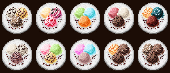 Ice cream scoop menu pixel art set. Vector illustration.
