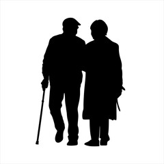 silhouette of old couple holding for hands isolated on white background