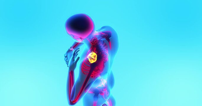 Young Male Having Chest Pain. Symptoms Of Heart Attack. Medical And Healthcare Related 3D Animation.