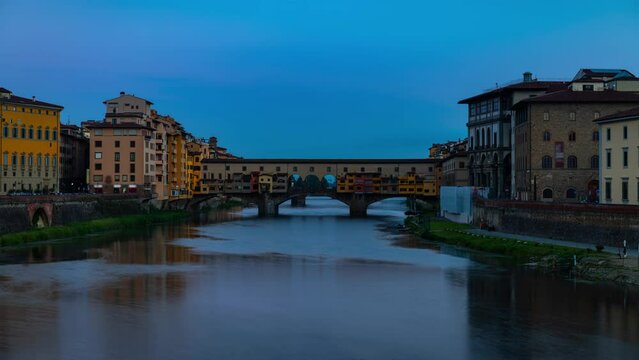 Panoramic Night to Day Sunrise Time Lapse of Ponte Vecchio in Florence with Arno River, Florence, Tuscany, Italy
