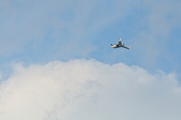 Canard aircraft with pusher engine flying overhead