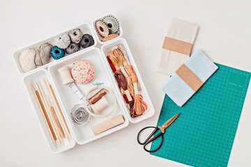 Sewing supplies and accessories for needlework. Craft hobby background. Recomforting, destressing...