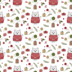 Seamless pattern with a cat. Christmas and cat. Pattern with Christmas tree, garland, snow, christmas. Cute, funny cat in a flat style. Cartoon fluffy.