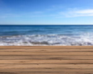 white wooden table with sea background