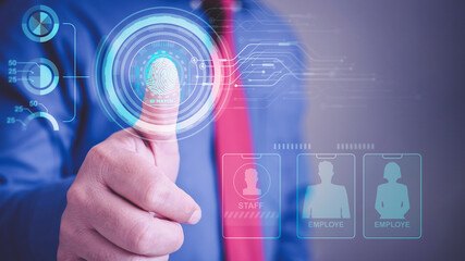 futuristic digital processing of biometric fingerprint scanner. scan finger print or for digital processing biometric identification to access security system. Cyber security concept. Digital lock.