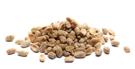 Salted and marinated peanuts, pile isolated on white