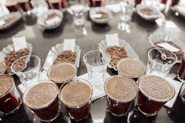 Close up of professional coffee cupping, coffee tasting in Africa