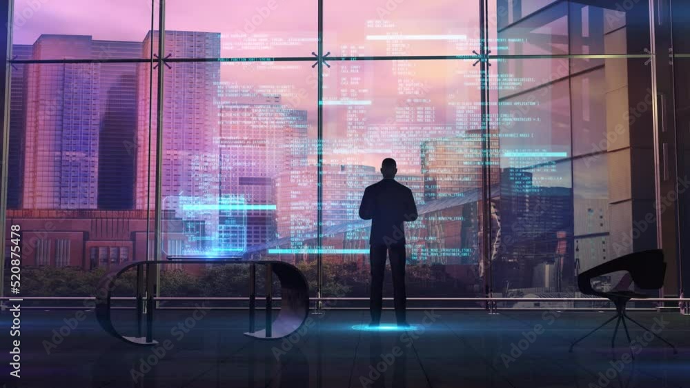 Poster the programmer examines the code in a modern office, 3d render