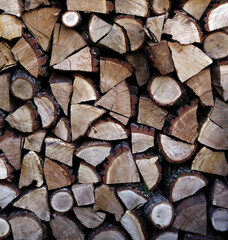Chopped oak firewood stacked in a woodpile. Preparing for winter.