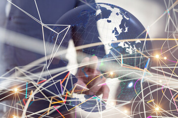 Businessman touching global network and data exchanges over the world 3D rendering