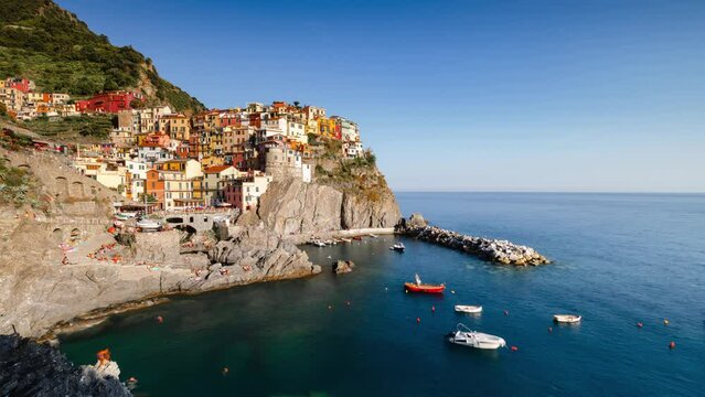 Panoramic Sunset Time Lapse of beautiful town of Manarola in Cinque Terre, Manarola, Liguria, Italy