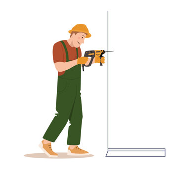 Worker with a drill. Home repairs. A man in a uniform with a perforator. Male builder with construction tools for renovation and home improvement. Vector flat design illustration.