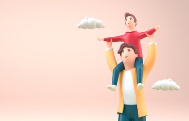 Father Walking with his Son Sitting on Shoulders. 3D Illustration