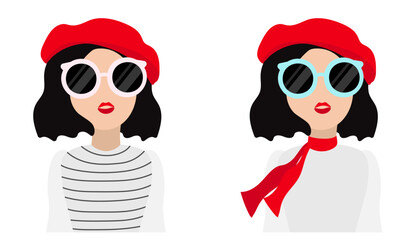 Frenchwoman. Flat illustration of a girl. Illustration of a young French woman wearing a red beret and glasses - obrazy, fototapety, plakaty