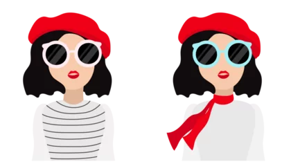 Foto op Canvas Frenchwoman. Flat illustration of a girl. Illustration of a young French woman wearing a red beret and glasses © miss LEMON