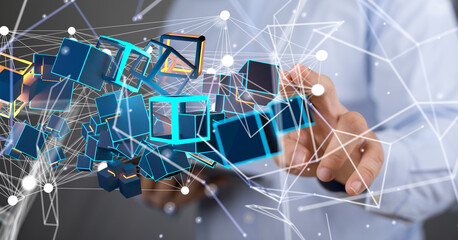 network holding in hand 3d connection data