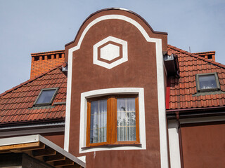 Zelenogradsk, Russia, June 16, 2022. Typical architectural ensemble in the area of ​​historical urban development. Fragment of facade of typical house