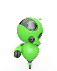tiny robot is looking up in white background with copy space