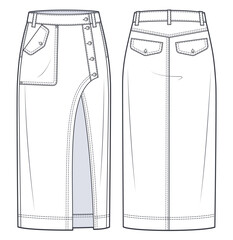 Asymmetric Denim Skirt technical fashion illustration. Midi Skirt fashion flat sketch template, button up, pockets, front slit, front and back view, white, CAD mockup.