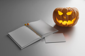 Book mockup with pumpkins 3D render concept image of an opened photo book isolated on grey background