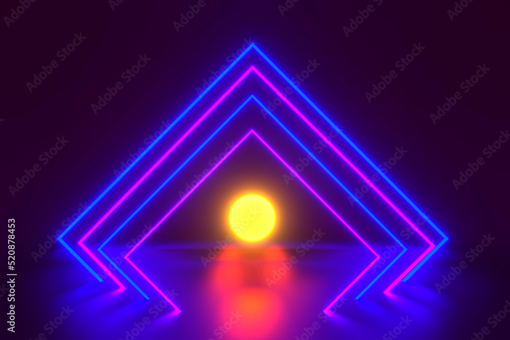 Poster 3d neon square tunnel with moon. endless optical illusion portal. glowing lines virtual reality corr