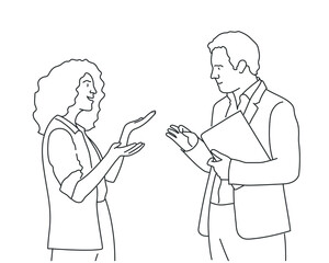 Speaking people, man and woman meeting. Dialogues between characters.