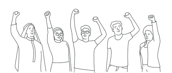 Men and women, peaceful rights protest, manifestation.