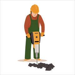 Road repair flat vector illustration. Worker in professional uniform helmet and dungarees with jackhammer. Maintenance and construction of pavement concept. Vector flat design illustration