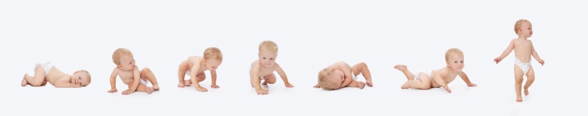 collage of photos of a Cute little baby in a diaper on a white isolated background. First steps - obrazy, fototapety, plakaty