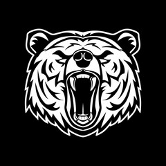 Angry bear emblem. Print design for t-shirt. Aggressive bear is a symbol of a sports team. Bear logo design vector illustration on black background