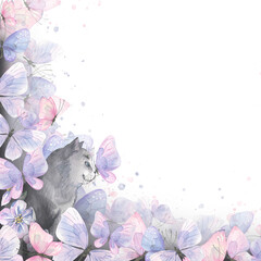 Corner frame with a gray cat and pink, purple and blue butterflies. Watercolor illustration. For the design and decoration of postcards, invitations, certificates, posters, advertising, packaging.