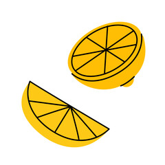 Yellow lemon fruit slices. Fresh citrus hand drawn illustration. Half sliced and whole lemon