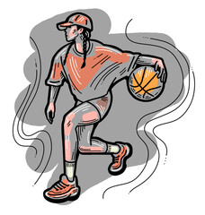 Basketball player playing with ball. Healthy funny sport activity. Trendy jumping fitness exercises for young people. Fashion sportswear. Hand drawn illustration. Cartoon line style character drawing.