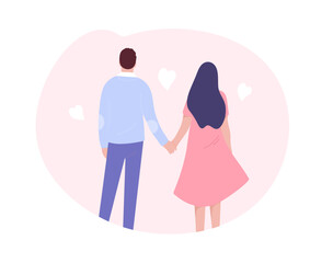 Young man and woman characters standing back view, happy romantic couple in love cartoon vector Illustration